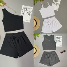 KIT3 Conjunto Feminino Casual – Top Cropped + Shorts – Cores Variadas