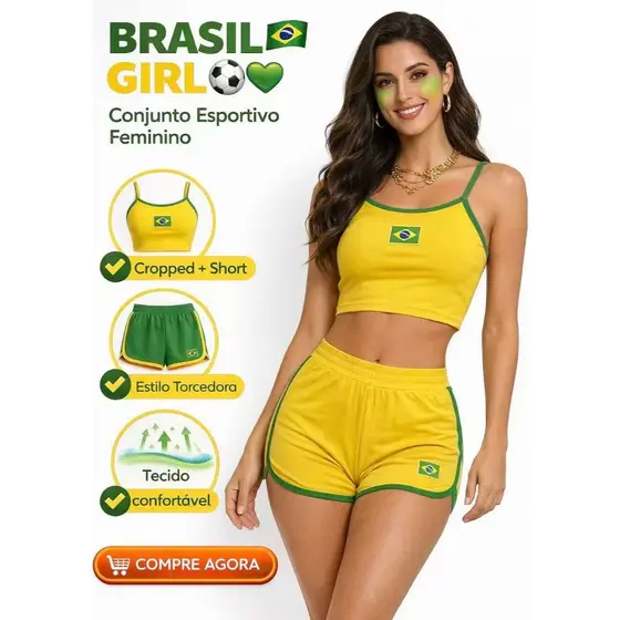 Conjunto  Brasil Copa do Mundo Cropped e Short estampa  Look Torcedora