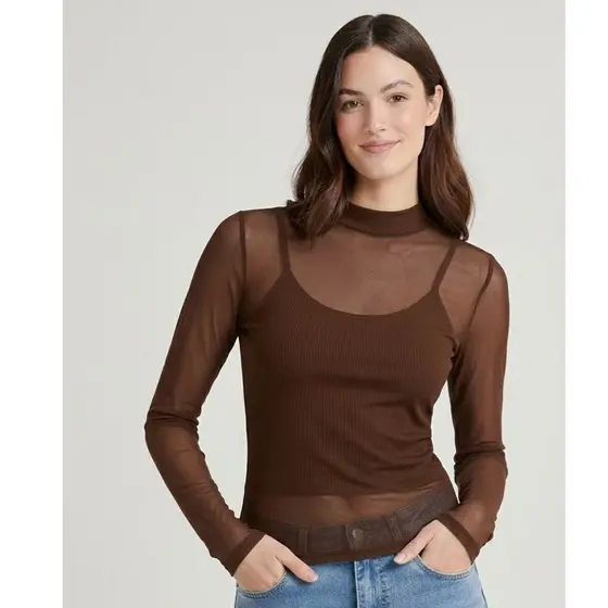 Blusa Tule Feminina Manga Longa Marrom Café Leve Respirável Academia Treino Várias Cores