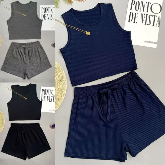 KIT3 Conjuntos Feminina Regata básica de malha canelada  Gola Redonda+Short