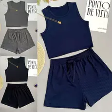 KIT3 Conjuntos Feminina Regata básica de malha canelada  Gola Redonda+Short