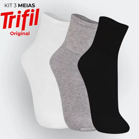 Kit 3 Pares Meia Lisa Algodão Trifil Masculina Sport Modelo Cano Médio Qualidade Grossa Preta Branca