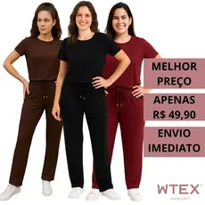 Conjunto Feminino VISCOLYCRA Malha Comfy Blusa Camiseta Manga Curta e Calça Pantalona Cintura Alta