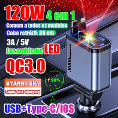 Carregador de carro retrátil carregador rápido de para carro 4 em 1 para iPhone/Android com luz LED