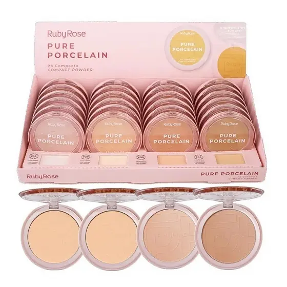 Pó Compacto Ruby Rose Pure Porcelain Alta Cobertura Toque Suave Make Perfeita