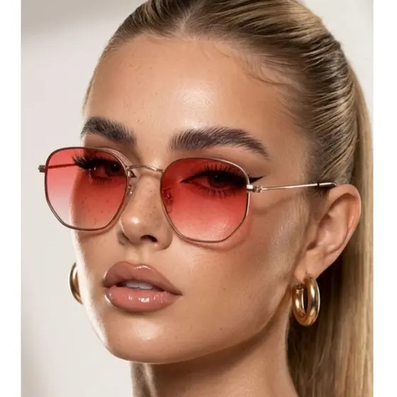 Óculos de Sol Hexagonal Rosa Degradê Armação em Metal Estilo Clássico Retrô Vintage uv400 Unissex