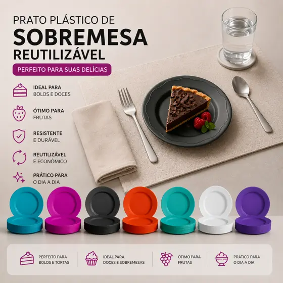 KIT  PRATO REDONDO SOBREMESA PEQUENO PLÁSTICO FESTA/CRECHE/ESCOLA/RESTAURANTE/ANIVERSÁRIO BOLO REUTILIZÁVEL