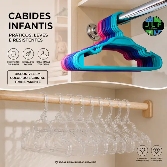 KIT 30 CABIDE INFANTIL COLORIDO/CRISTAL ORGANIZADOR CLOSET/GUARDA-ROUPAS/LOJA