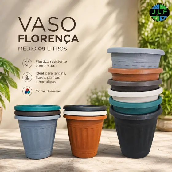 KIT VASO 09 LITROS MEDIO LUXO PLÁSTICO RESISTENTE COM TEXTURA PARA JARDIM, PLANTAS,FLORES,HORTALIÇAS CORES DIVERSAS