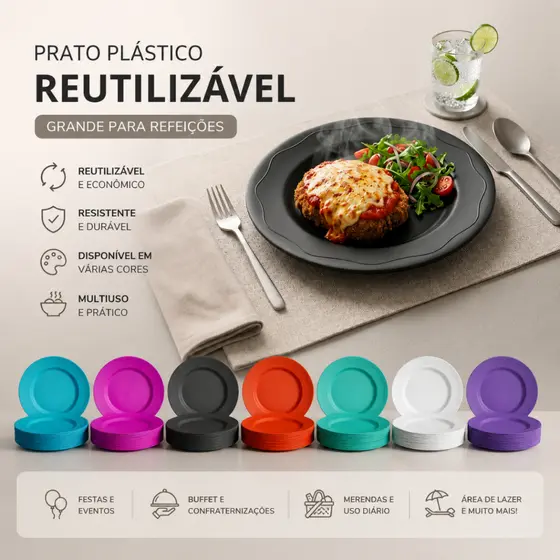KIT PRATO PLÁSTICO  REDONDO REFEIÇÃO/MERENDA ESCOLAR CRECHE/FESTA/CONFRATERNIZAÇÃO REUTILIZÁVEL