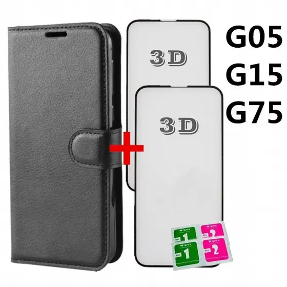 KIT Capa Capinha Carteira Flip + 2 Película de vidro 3D Para Motorola G05/G15 /G75/G06/G56/G86/G17/G37/G47/G57/G67