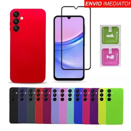 KIT Pelicula Vidro 3D Samsung A14/A15/A16/A24/A25/A34/A35/A54/A55 + Capa Aveludada Colorida Capinha