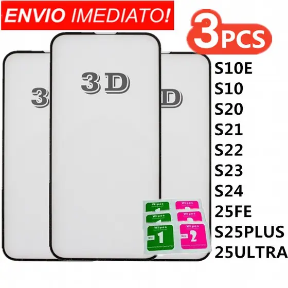 KIT 3 Película De Vidro 3D Temperado Para Samsung S10E S10 S20 S21 S22 S23 S24 S25 PLUS ULTRA FE