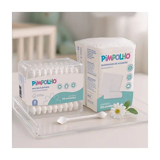 Combo Pimpolho – 50 Hastes Flexíveis + 50 Quadrados de Algodão