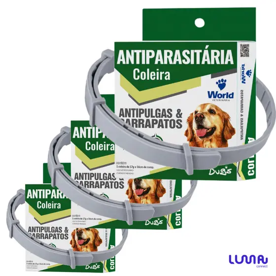 Kit 3 Coleiras Dugs Antipulgas e Carrapatos p/Cães 17g c/ 56cm- World Veterinária