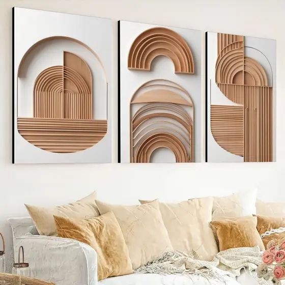 Trio de Quadros Abstratos Geométricos Madeira, Arte Moderna em Tela Decorativa