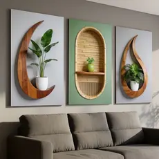 Quadro Decorativo Tríptico Madeira Natural Prateleira 3D Plantas Sala de Estar Arte Moderna Boho 3 Peças