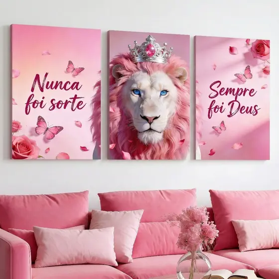 Quadro Decorativo 3 Peças Leão Rosa Borboletas Nunca foi Sorte Decoração Sala Quarto Escritório