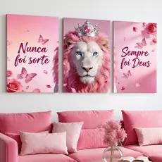 Quadro Decorativo 3 Peças Leão Rosa Borboletas Nunca foi Sorte Decoração Sala Quarto Escritório
