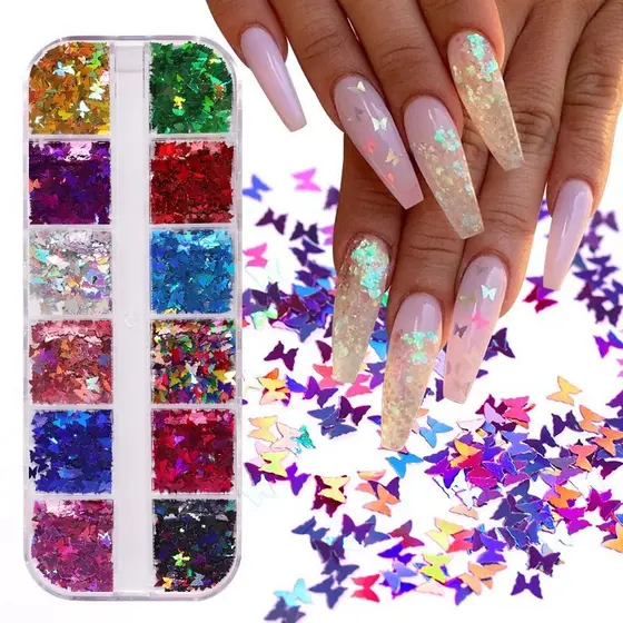 Caixa 12 Potinhos Glitter Borboleta Unhas Decoração Porcelana