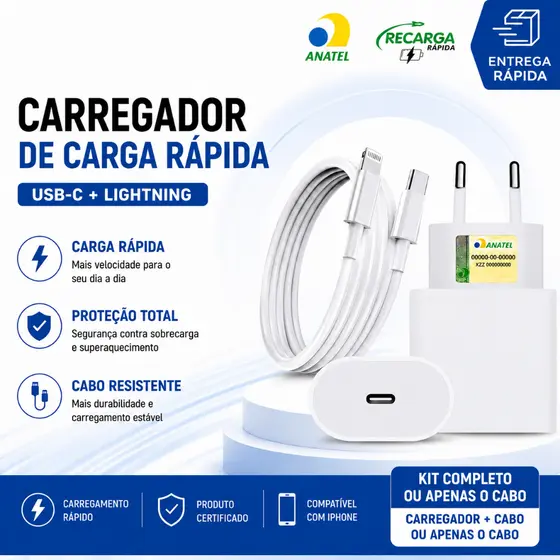 Carregador De iPhone Fonte com Cabo Carregamento Rápido 1m PD 20w Lightning