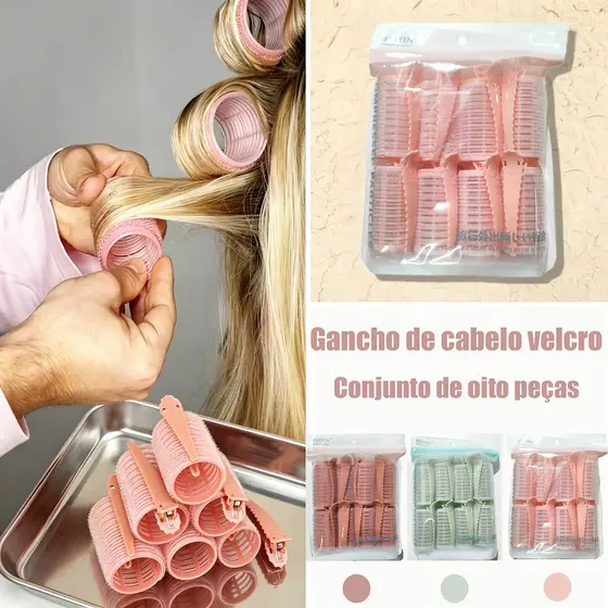 Kit 8 Bobs Cabelo Velcro Modeladores +8 Prendedores, DIY Styling Tools tamanho Medios 6.2*3.2cm