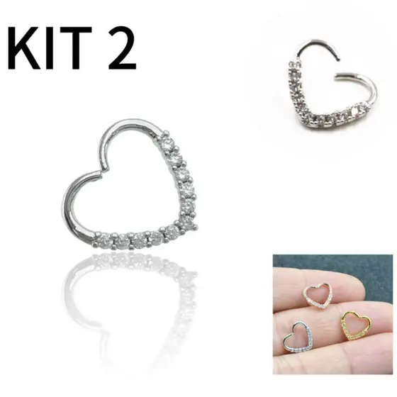kit 2 Piercing argolinha de coraçao Cor prata/dourado helix strass inferior