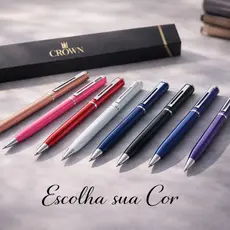Caneta Crown Hawai Original Office Esferográfica Retrátil Metal Personalização Tinta Azul Refil
