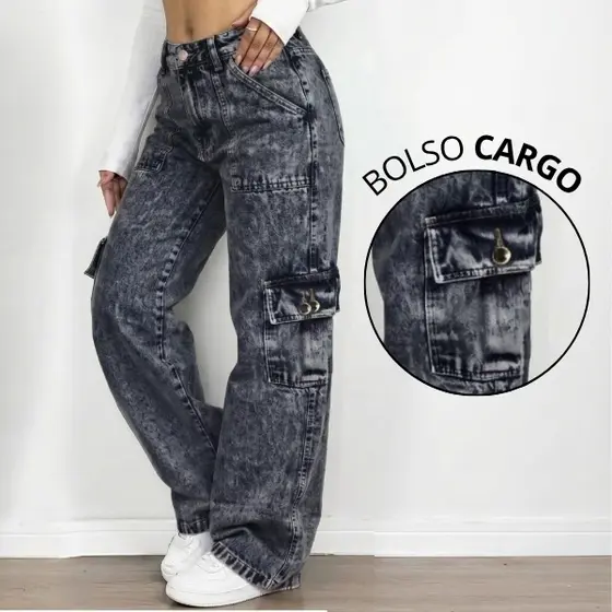 Calça Jeans Feminina Cargo Wide Leg Com Bolso Lateral Cintura Alta 100% Algodão Pantalona
