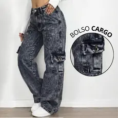 Calça Jeans Feminina Cargo Wide Leg Com Bolso Lateral Cintura Alta 100% Algodão Pantalona