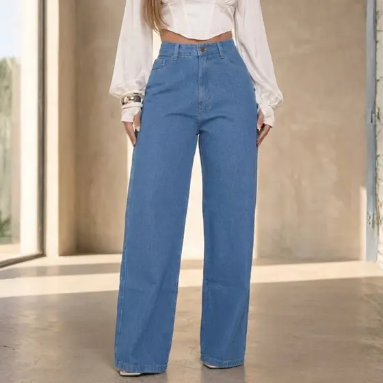 Calça Jeans Feminina Wide Leg Marmorizada Cintura Alta 100% Algodão