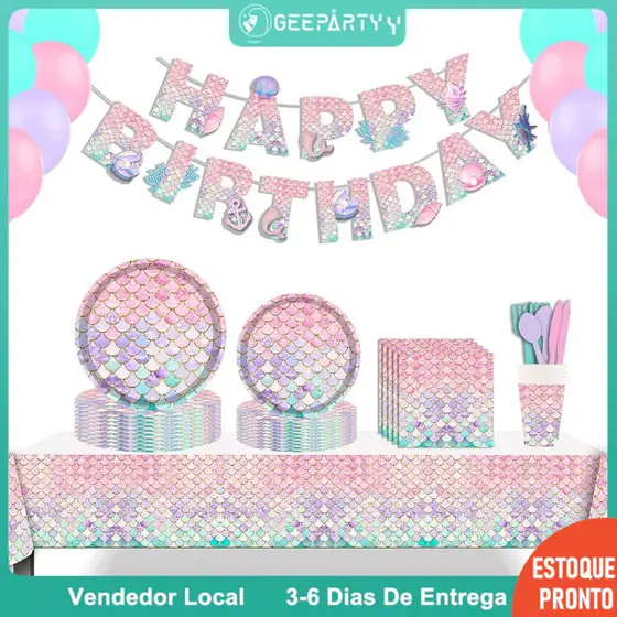 GeeParty Conjunto De Talheres Infantis, Prato De Papel , Copo , Tema Sereia Descartável Para Decorações De Festa De