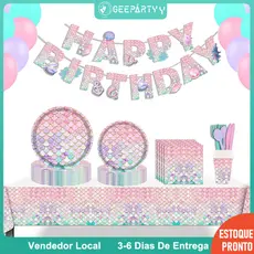 GeeParty Conjunto De Talheres Infantis, Prato De Papel , Copo , Tema Sereia Descartável Para Decorações De Festa De