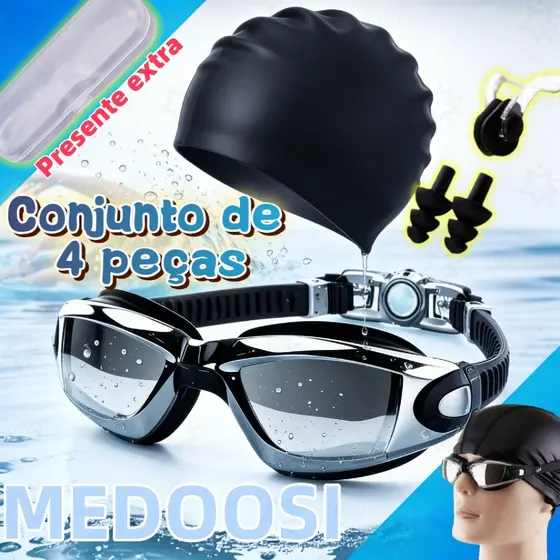 MEDOOSI Óculos HD de Natação Profissional Proteção UV Kit | Antiembaçante + Touca + Protetores Auriculares + Clip Nasal