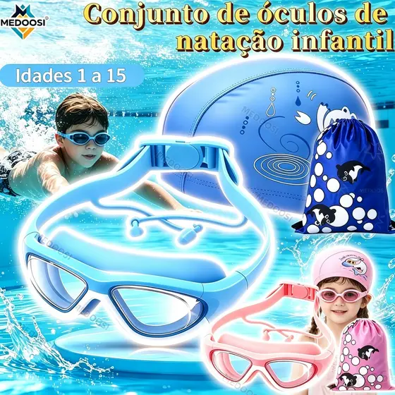 MEDOOSI Kit Natação Criança Impermeável Proteção UV Para Meninos Meninas| Óculos HD Infantil + Touca + Tampões + Bolsa