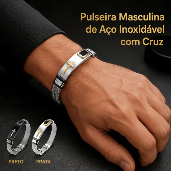 Pulseira Masculina Cruz Dourada Aço Inox Malha Milanesa Ajustável Antialérgica Presente Homem