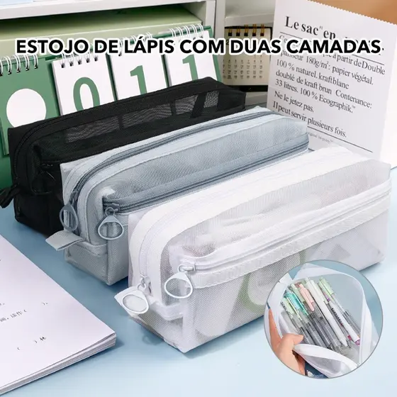 Estojo de lápis de náilon de malha transparente/Estojo de malha dupla camada