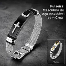 Pulseira Bracelete Masculino Cruz Malha Aço Inoxidável Ajustável Antialérgico Preto Dourado