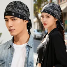 Bandana Lenço Paisley Preto e Branco Estampada Touca de Amarrar Hip Hop Rock Feminino Masculino