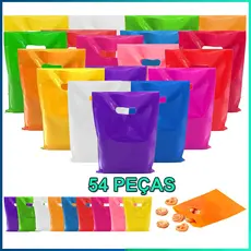 54 Sacolas Plásticas 20x30cm Boca de Palhaço/Alça Vazada Sacola Lembrancinha