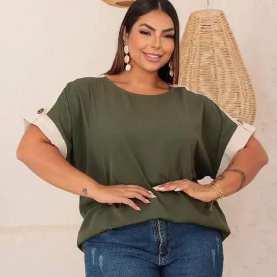 Blusa Feminina Plus Size Viscolinho com Linho no Ombro e Manga de Botão Social Casual G1 G2 G3