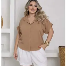 Camisa Feminina Plus Size Viscolinho Lisa  Soltinha Manga Curta Casual Verão Leve Macio