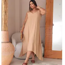 Vestido Longo Feminino Viscose Sarja Alcinha Regulável Assimétrico Plus Size Moda Verão