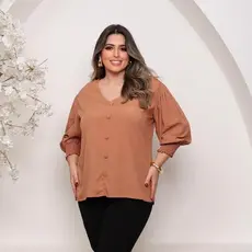 Blusa Plus Size Feminina Viscolinho Decote V Manga Bufante Elegante Moda Curve