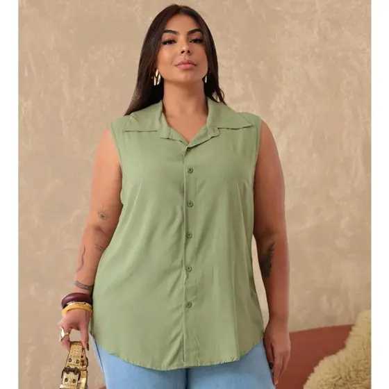 Regata Feminina Plus Size Viscolinho Lisa Elegante e Confortável G1 ao G3 Moda Social