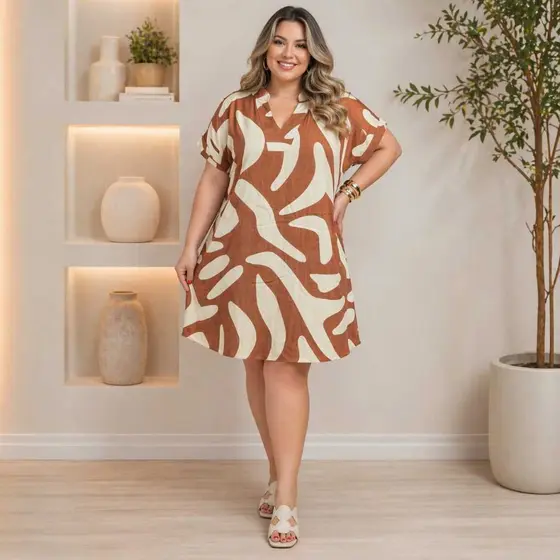 Chemise Plus Size Feminina Estampada Soltinha Manga Curta | Tecido Viscolinho Premium Moda Curvyl
