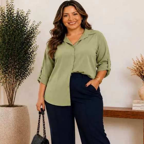 Camisa Feminina Plus Size Social Manga Longa Viscolinho Casual Elegante do G1 ao G3