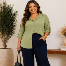 Camisa Feminina Plus Size Social Manga Longa Viscolinho Casual Elegante do G1 ao G3