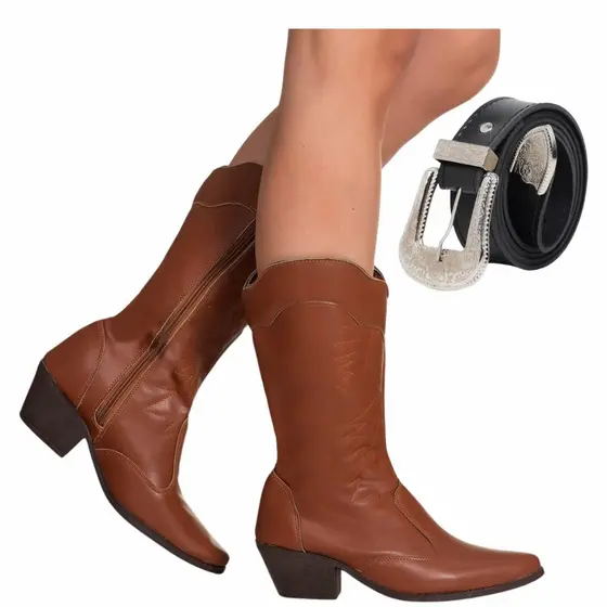 Bota Texana Feminina Cano Alto Salto Médio Western Bordada + Cinto Rodeio