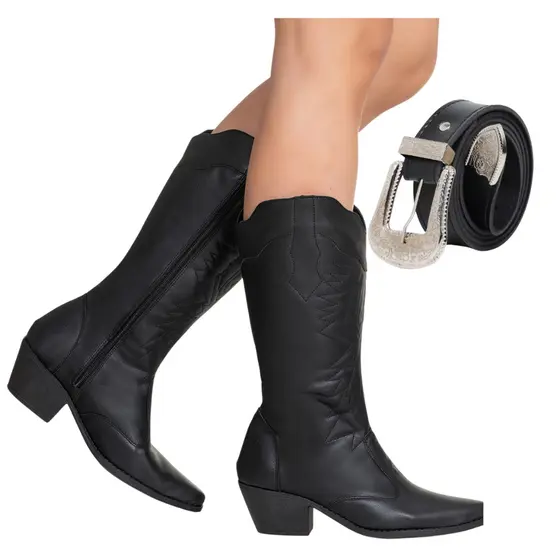 Bota Texana Feminina Cano Alto Salto Médio Western Bordada + Cinto Rodeio